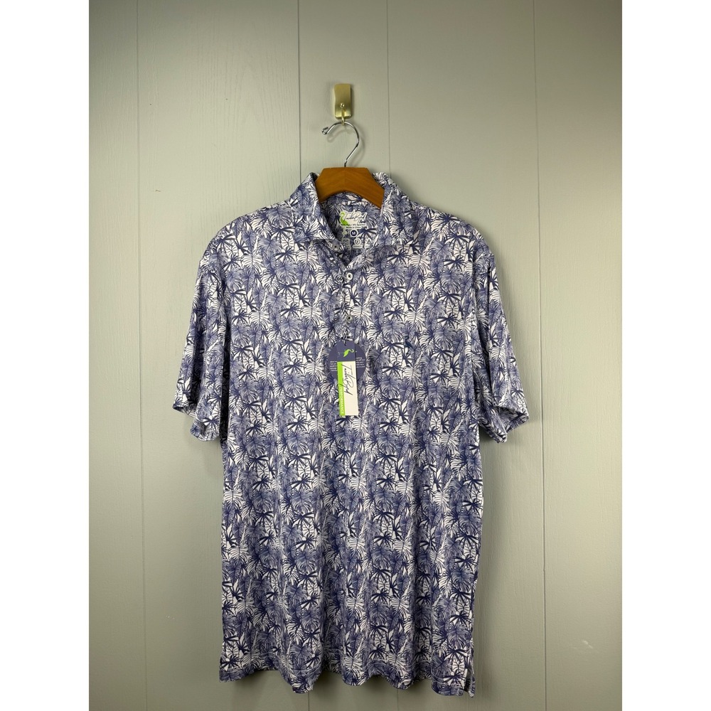 TailorByrd Performance Navy White Tropical Leaf Polo Shirt Mens Medium